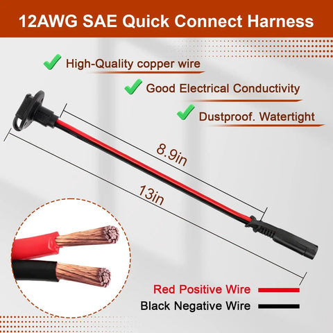 12AWG SAE quick connect harness with sidewall port, red and black wires, waterproof extension for solar, RV, boat wiring
