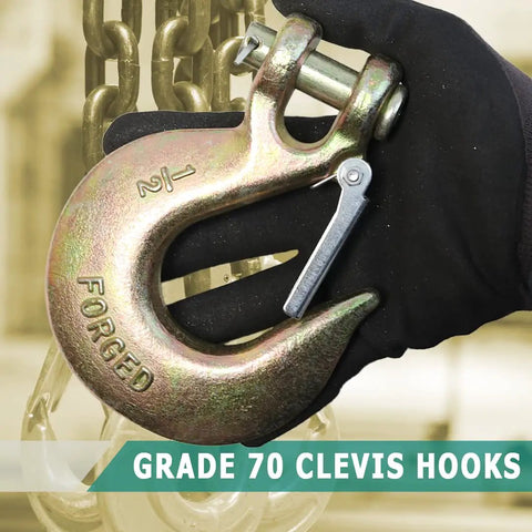 Heavy Duty Half Inch Grade 70 Forged Clevis Slip Hook With Secure Safety Latch For Trailer Towing And Chain Rigging Two Piece Pack shown in hand