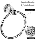 Slick Chrome Towel Ring With Crystal Accent, Flexible 180 Degree Rotating Wall Mounted Bath Hand Towel Holder shown with materials.