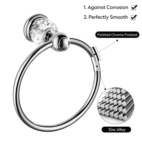 Slick Chrome Towel Ring With Crystal Accent, Flexible 180 Degree Rotating Wall Mounted Bath Hand Towel Holder shown with materials.