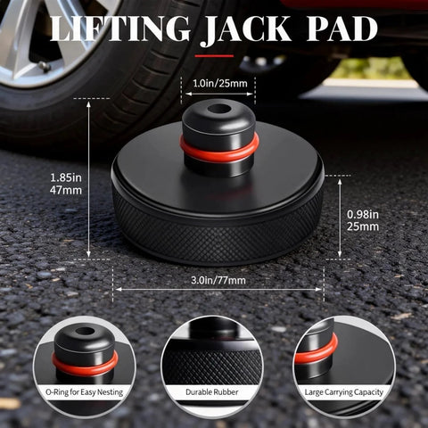 Front view of Tesla lifting jack pad for Model 3/Y/S/X, black rubber with red O-ring and knurled edge.
