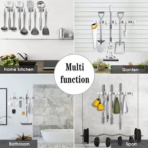 Multi-function heavy duty mop and broom wall mount organizer with metal utility hooks in home, garden, bathroom, sport settings.