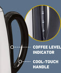 Close-up of Electric Percolator Coffee Maker With Classic Style showing cool-touch handle and coffee level indicator, silver finish.