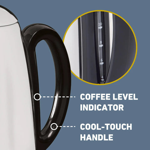 Close-up of Electric Percolator Coffee Maker With Classic Style showing cool-touch handle and coffee level indicator, silver finish.
