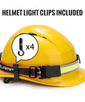 Yellow hard hat with attached Beast Mode Bright 1000LM LED Headlamp Flashlight 4 Pack With 230 Degree Wide Beam and clip detail
