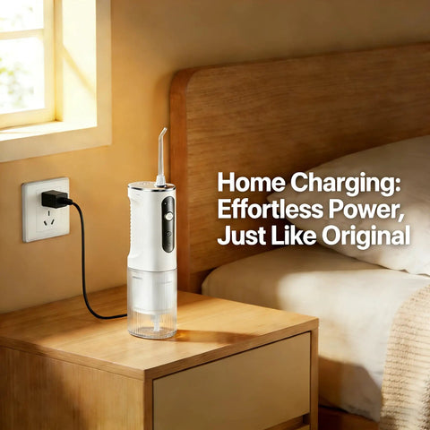 Water Flosser USB Charger Cable Replacement Compatible With Nicwell F5025 plugged into wall socket on bedside table