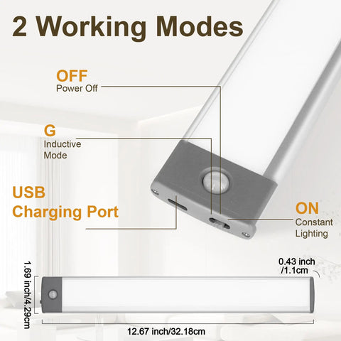 Two Pack Under Cabinet Lights With Motion Sensor, 54 LED, 2500mAh Rechargeable, USB charging, dimensions and modes shown