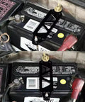 Badass Car Battery Hold Down J Bolts Forged From Tough 304 Stainless Steel securing a car battery inside an engine bay.