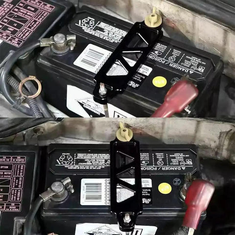 Badass Car Battery Hold Down J Bolts Forged From Tough 304 Stainless Steel securing a car battery inside an engine bay.