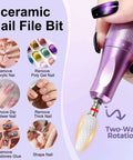 Installed Fantexy 3/32 inch ceramic nail drill bit in purple handheld drill; white cone bit for acrylic/gel removal.