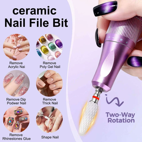 Installed Fantexy 3/32 inch ceramic nail drill bit in purple handheld drill; white cone bit for acrylic/gel removal.