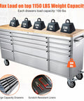 Beefy 72 Inch Rolling Tool Chest With Solid Wood Top And Stainless Steel Cabinet, 15 Drawers For Serious Storage, Locking Wheels And Built In Power Outlets, Mobile Workbench For Garage Shop And Workshop