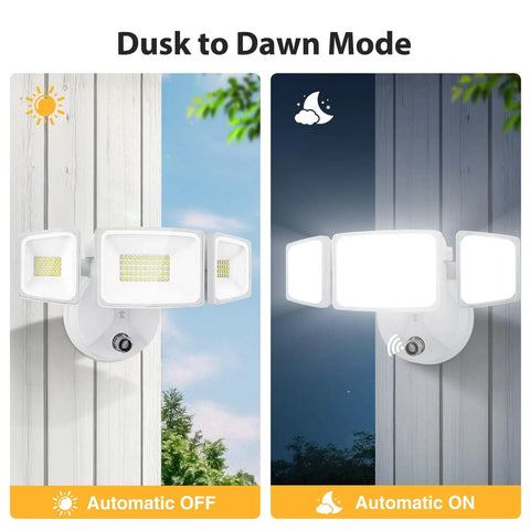 LED Dusk To Dawn Flood Light 80W 8000LM Exterior Security Lighting IP65 Waterproof With 3 Adjustable Heads And Photocell 6500K Floodlight showing day and night modes