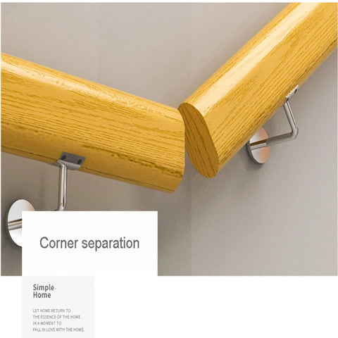 Premium Slick Wooden Stair Handrail Featuring Hella Secure Wall Mount Non Slip Grip For Indoor Outdoor Living Spaces And Senior Support Classic European Style Dope Wood Finish Solid Heavy Duty Build 400Cm Long corner view showing connection.