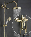 UMJIGF 8 Inch Shower System with Cold and Hot Water Shower Combo Set showing gold finish top fall shower head and handheld sprayer.