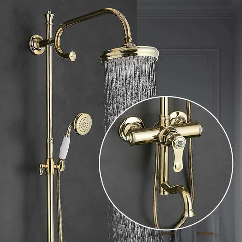 UMJIGF 8 Inch Shower System with Cold and Hot Water Shower Combo Set showing gold finish top fall shower head and handheld sprayer.