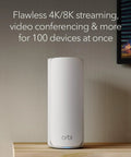 Orbi 770 Series Tri Band WiFi 7 Mesh System With Router and Two Satellites, sleek router design on a shelf