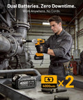 Man using Half Inch Cordless Impact Wrench With Brushless Motor 1032 Foot Pounds Beefy Torque 1400 Newton Meters Electric Impact Driver Kit in workshop with spare batteries on table.