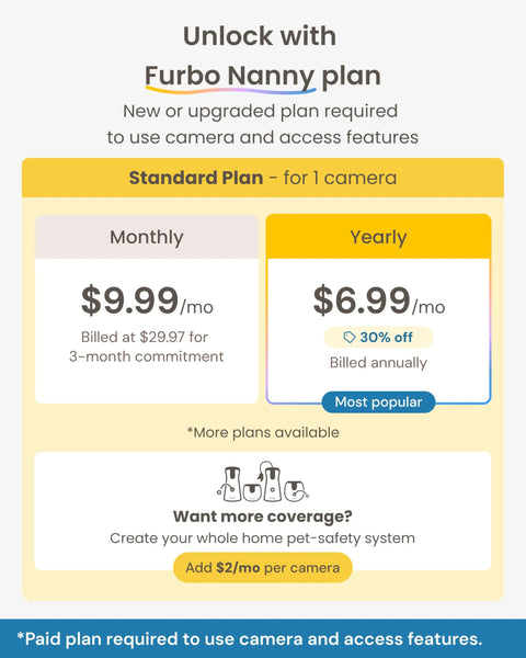 Plan options for Mini 360 Degree Pet Camera With 2K QHD Live Video Feed Rotating Treat Toss Two Way Audio AI Nanny
