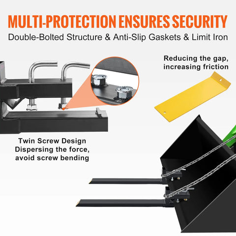 Clamp On Pallet Forks 4000 Lb Capacity 60 Inch Heavy Duty Forks with twin screw design and yellow limit iron for skid steer