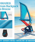 Person on inflatable kite surf wing board with 5.2 square meters wing surface at beach, includes pump, ideal for watersports