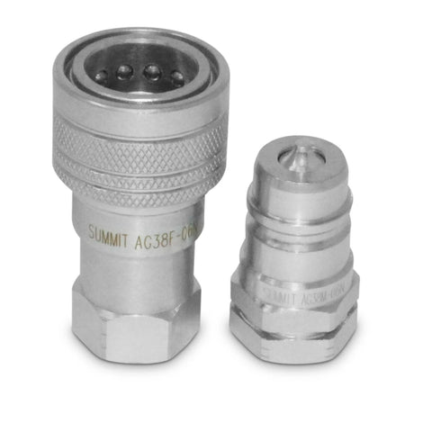 Two Summit AG38F 3/8 in NPT Pioneer-style hydraulic quick-connect couplers with knurled metal bodies.
