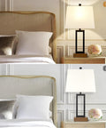 Set Of 2 Modern Bedside Lamps With USB Ports And AC Outlet 23.5 Inch Tall Wood Base With Linen Shade on a nightstand.