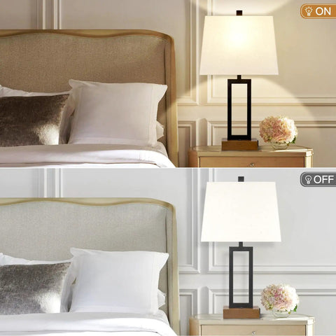 Set Of 2 Modern Bedside Lamps With USB Ports And AC Outlet 23.5 Inch Tall Wood Base With Linen Shade on a nightstand.