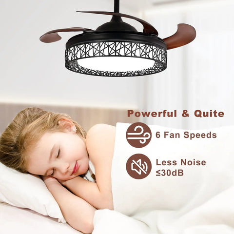 Dope 42 Inch Retractable Ceiling Fan With Lights Remote App Control Dimmable LED DC Motor over sleeping child