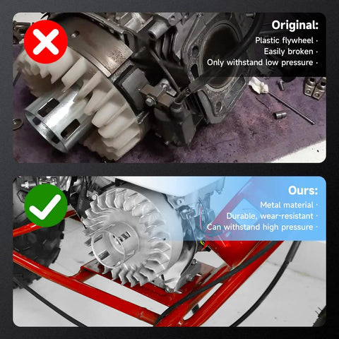 Comparison of plastic vs metal flywheel showing durability for Beefed Up Aluminum Flywheel Upgrade For Predator 212 Non Hemi Engines And Mini Bike Builds, 10K RPM