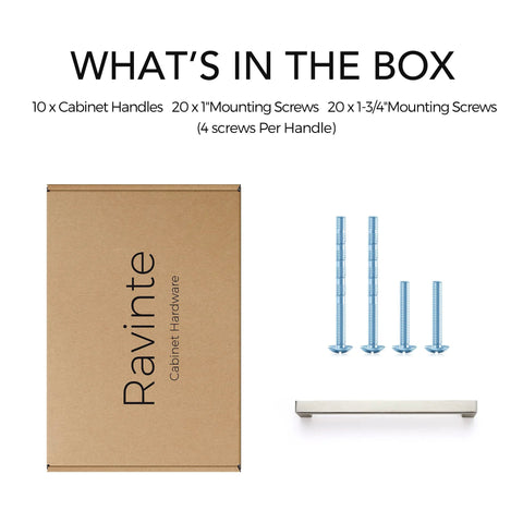 Box contents showing Ten Pack Six And A Quarter Inch Square Kitchen Cabinet Handles in Satin Nickel Finish with screws for installation.