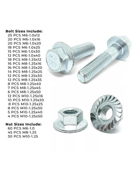 Grade 10.9 JIS Hex Flange Bolts And Serrated Flange Nuts Kit, Heavy Duty 402-Piece Assortment In A 24-Compartment Tray, Great For Auto, Machinery, And DIY Projects, Zinc Clear Finish bolt and nut sizes overview