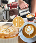 Stainless Steel Milk Frothing Pitcher 12oz 350ml With V Sharp Mouth For Latte Art Barista Ready Milk Jug Cup For Cappuccino Latte Macchiato Pro Grade Pouring Rust Proof Easy Clean Decorating Pen Included in use with espresso machine and latte art examples