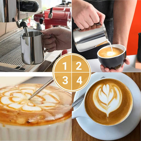 Stainless Steel Milk Frothing Pitcher 12oz 350ml With V Sharp Mouth For Latte Art Barista Ready Milk Jug Cup For Cappuccino Latte Macchiato Pro Grade Pouring Rust Proof Easy Clean Decorating Pen Included in use with espresso machine and latte art examples