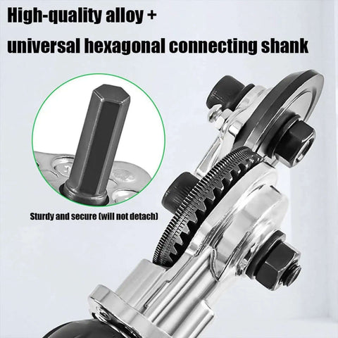 Close-up of Drill Nibbler Sheet Metal Cutting Tool Attachment with hexagonal shank, showing high-quality alloy construction.