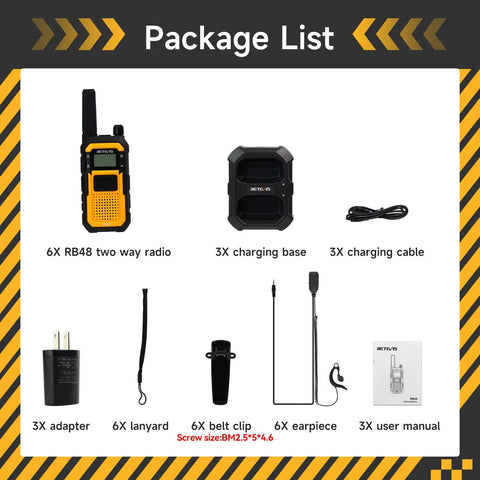 Package list featuring Badass Portable Waterproof Two Way Radio with accessories like charging bases and earpieces.