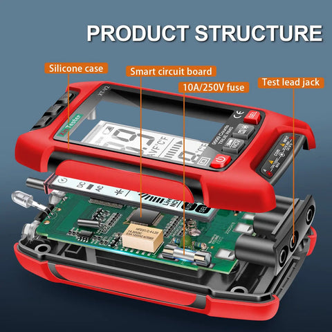Internal view of Digital Multimeter With TRMS And 9999 Counts Auto Ranging Backlight Display showing circuit board and fuse.