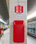 Fire Extinguisher Sign With Down Arrow, 8 By 6 Inches, Acrylic Projecting V Sign, Double Sided, Installed on a pillar at train station