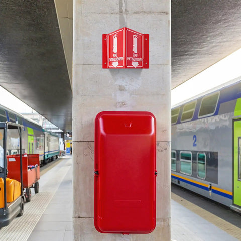 Fire Extinguisher Sign With Down Arrow, 8 By 6 Inches, Acrylic Projecting V Sign, Double Sided, Installed on a pillar at train station