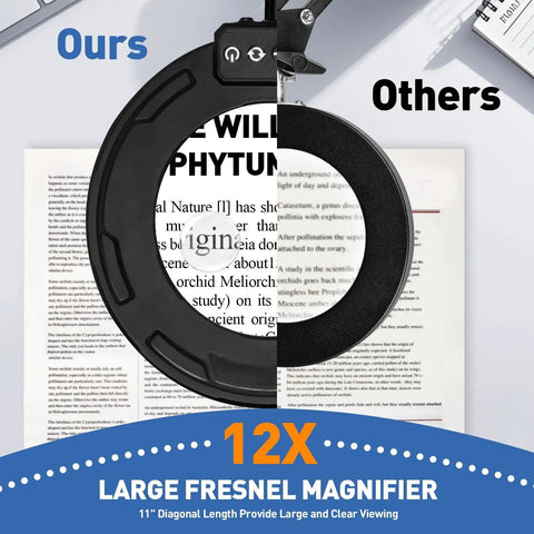Comparison of 12X magnification between Ultra Long 12X And 30X Pro Grade Magnifying Lamp With Light And Clamp and another model.