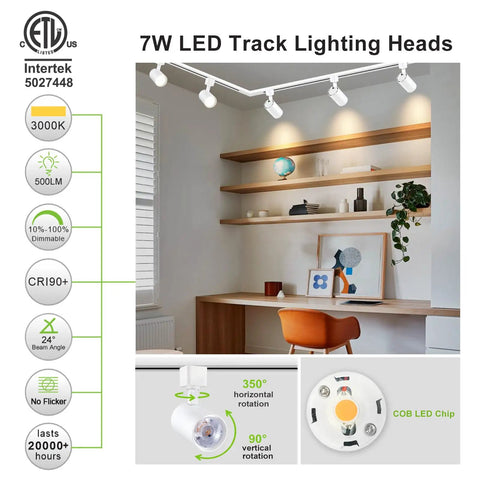 7W LED Track Lighting Heads 3000K Dimmable H Type 3 Wire Ceiling Spotlight Kit 24 Degree Beam ETL Listed CRI90 White 6 Pack For Living Room Kitchen Retail Mall Storefronts