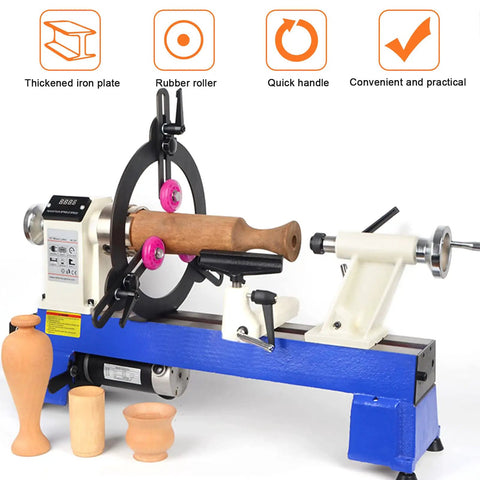 Three Point Woodturning Adjustable Steady Rest For A 12 Inch Lathe Swing on midi lathe, CNC cut, non-marring wheels visible