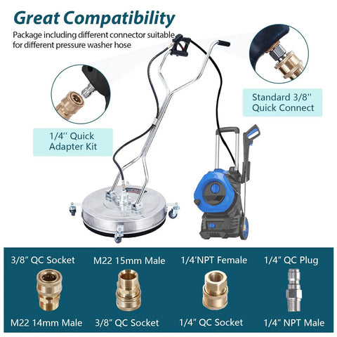 Heavy Duty Twenty Four Inch Pressure Washer Surface Cleaner For Driveways Features Pro Grade Stainless Steel Dual Spin Nozzles Rated To Handle Four Thousand Psi with quick connect adapters.