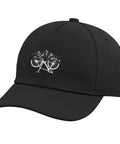 Side view of Bikepacking Cap for Gravel Riding and Mountain Biking Adjustable One Size Fits Most Black Printed Five Panel Baseball Hat.
