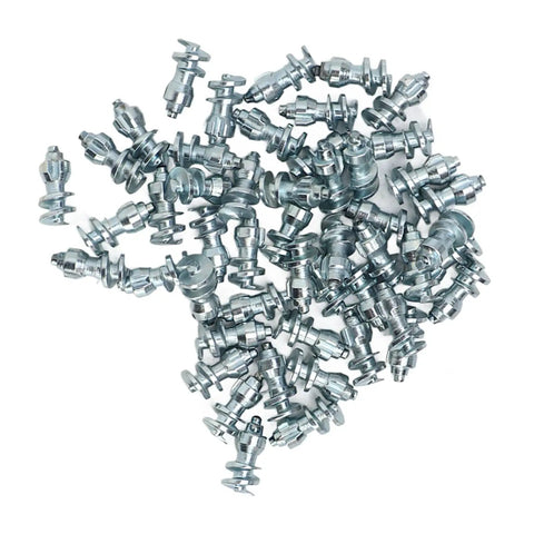 Heavy Duty 50 Pack Tire Spikes Built Tough With Tungsten Steel Tips, close-up view of silver tire cleats for icy roads.