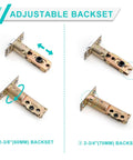 Alt Tag: Adjustable latch mechanism of front door handleset with satin nickel lever and deadbolt, showing different backset sizes for easy installation.