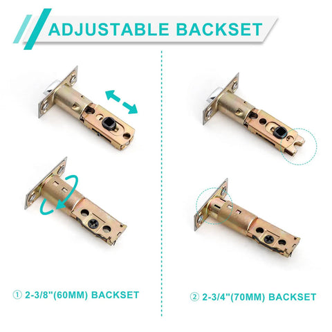 Alt Tag: Adjustable latch mechanism of front door handleset with satin nickel lever and deadbolt, showing different backset sizes for easy installation.