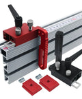 Slick Aluminum T Track Miter Stop Rail For Woodworking Jigs with red and black sliders for precise cutting setup.