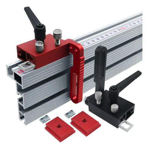 Slick Aluminum T Track Miter Stop Rail For Woodworking Jigs with red and black sliders for precise cutting setup.