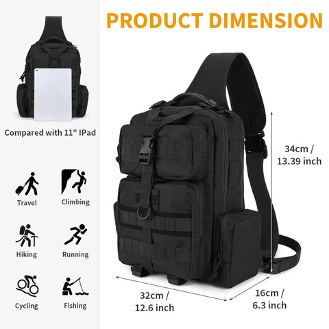 Black Rugged Tactical Molle Sling Bag With Single Strap For Men EDC Everyday Carry Pack showing dimensions and features.